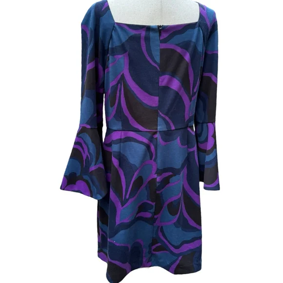 Trina Turk Size 14 Bell Sleeve Dress | Purple & Blue Swirl Geometric Mod Print - Picture 10 of 11
